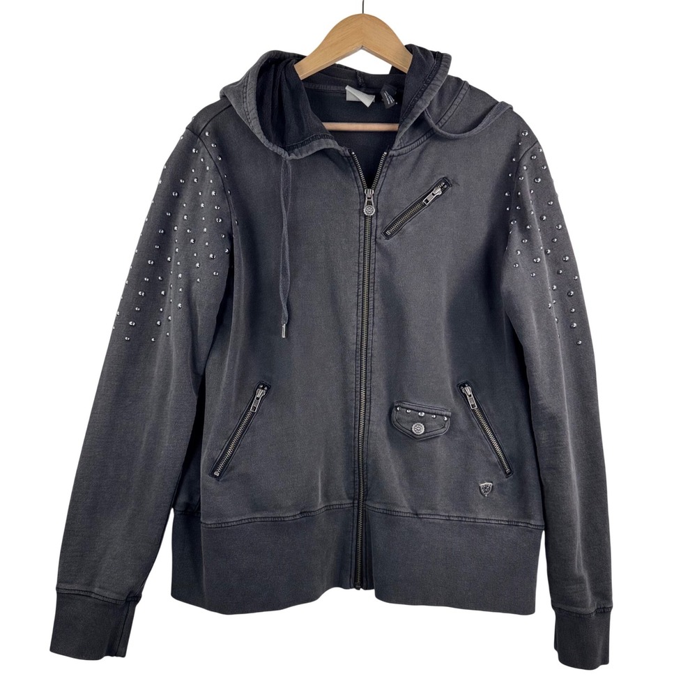 Harley Davidson Zip Up‎ Hoodie sz XL Black Studded Moto Jacket goth 90s